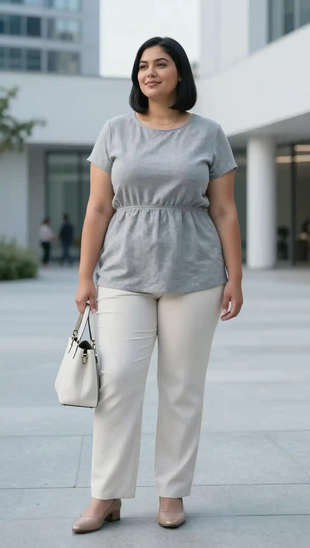 Grey Peplum Top + Cream Wide-Leg Trousers + Nude Block Heels