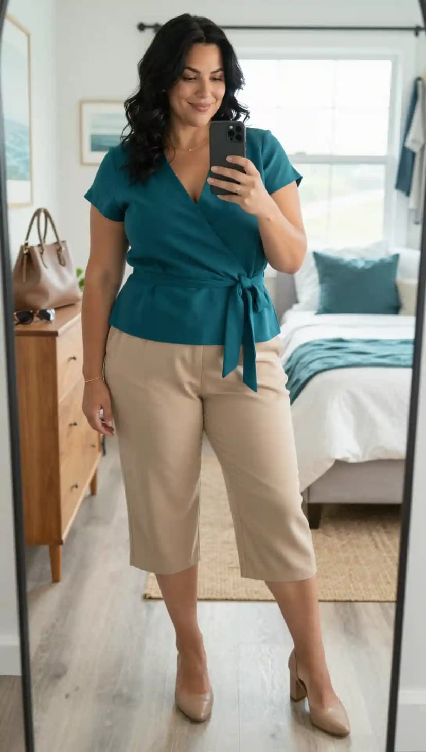 Teal Wrap Top + Khaki Culottes