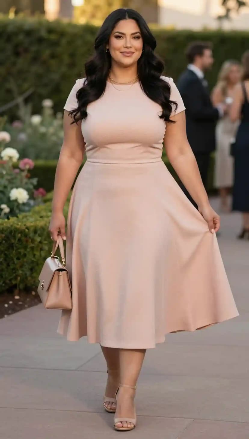 Pale Pink Fit and Flare Dress + Nude Strappy Heels + Light Pink Structured Handbag