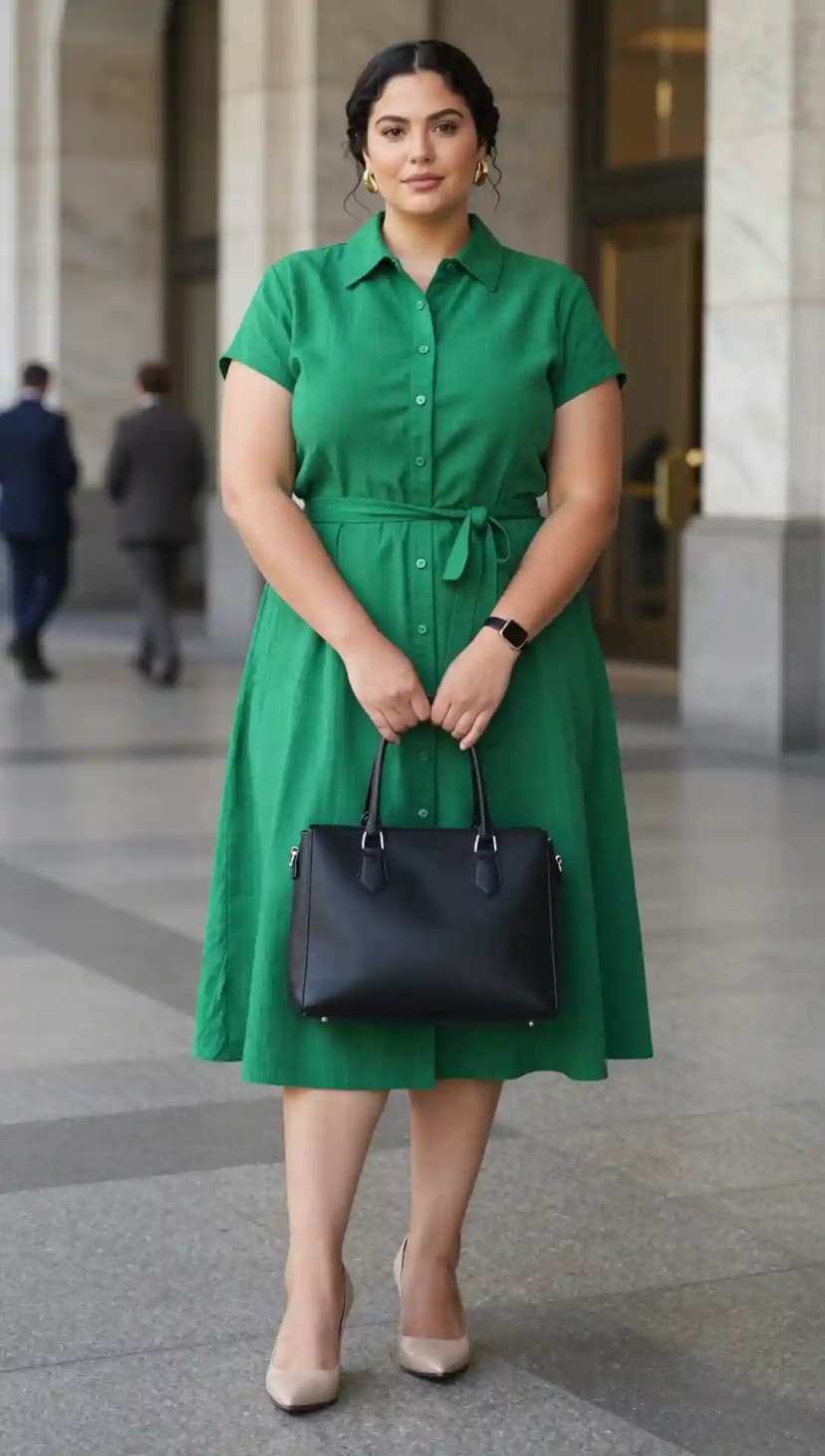 Emerald Green Shirt Dress + Nude Pointed Heels + Black Structured Tote