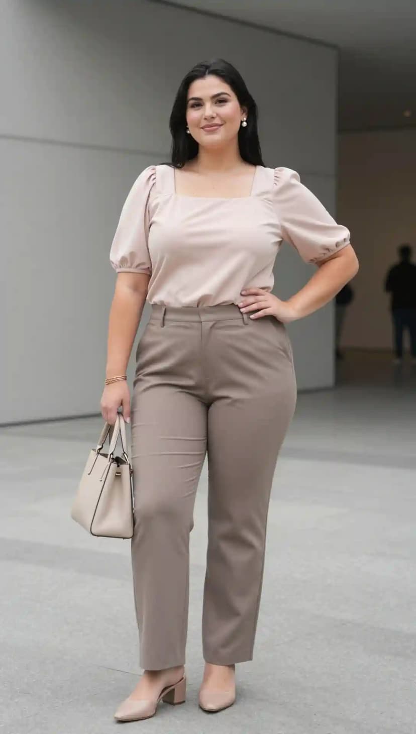 Puff Sleeve Square Neck Top + Neutral Wide Leg Trousers + Block Heel Mules