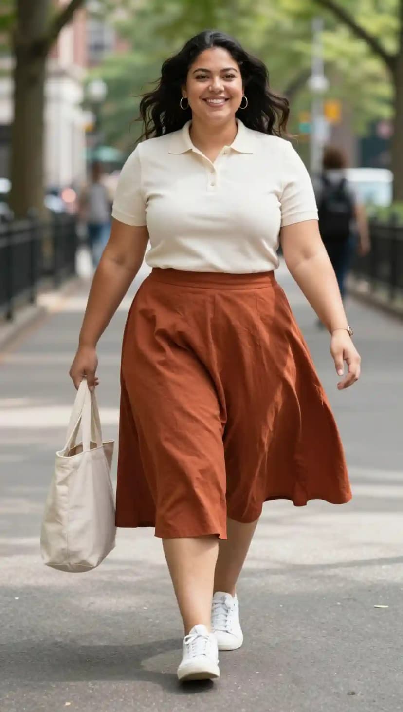 Cream Polo Top + Rust Midi Skirt + White Sneakers