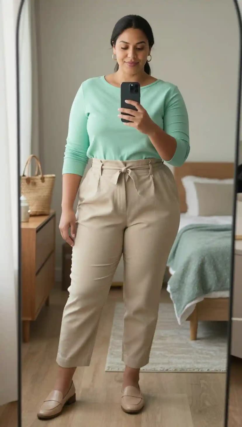 Mint Green Long Sleeve Top + Beige Paperbag Waist Pants + Nude Loafers