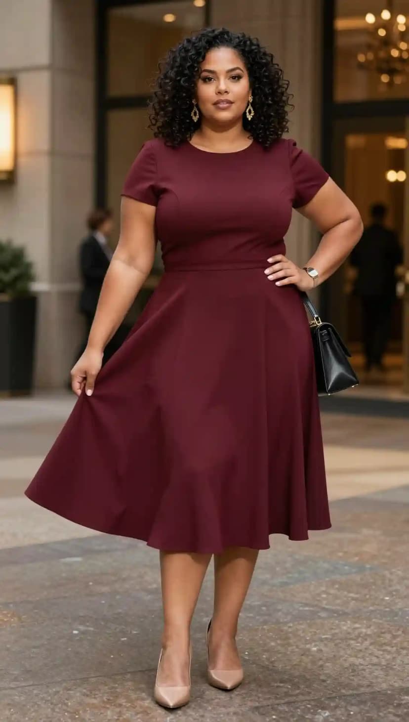 Maroon Fit-and-Flare Dress + Nude Pointed-Toe Heels + Black Structured Handbag