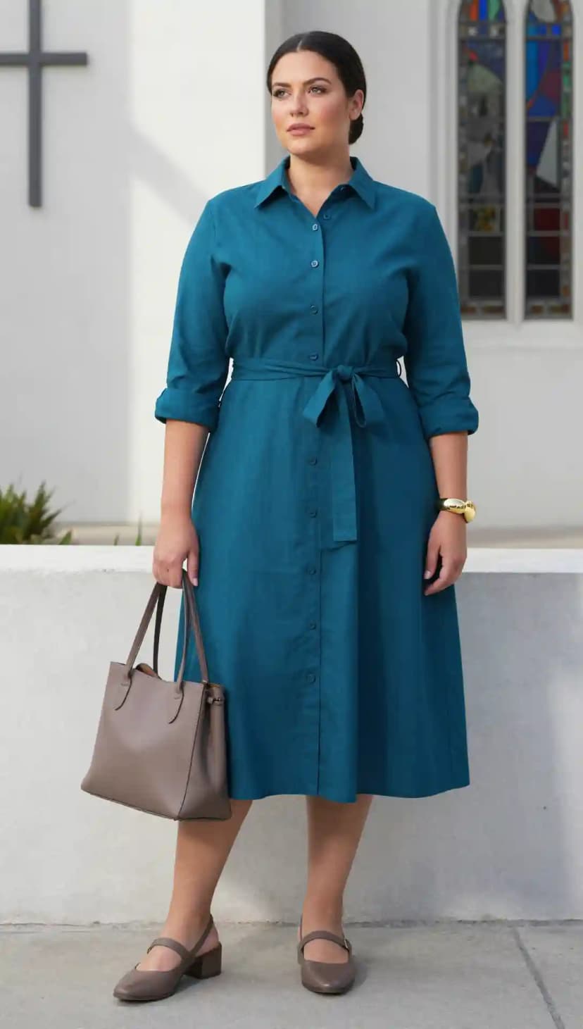 Teal Button-Up Midi Dress + Taupe Slingback Heels + Taupe Tote Bag + Gold Bangle