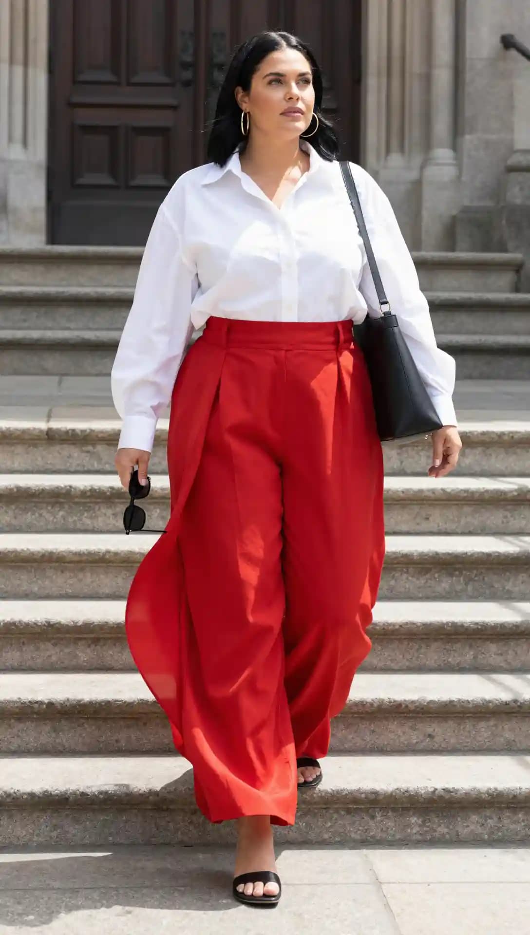 White Button-Down Shirt + Red Wide-Leg Pants + Black Heeled Sandals