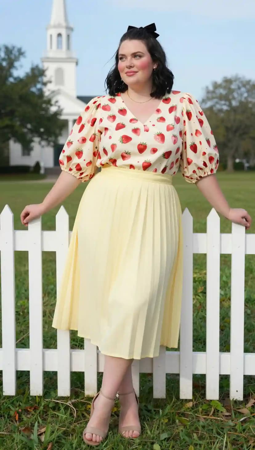 Cream Strawberry Print Puff Sleeve Top + Yellow Pleated Midi Skirt