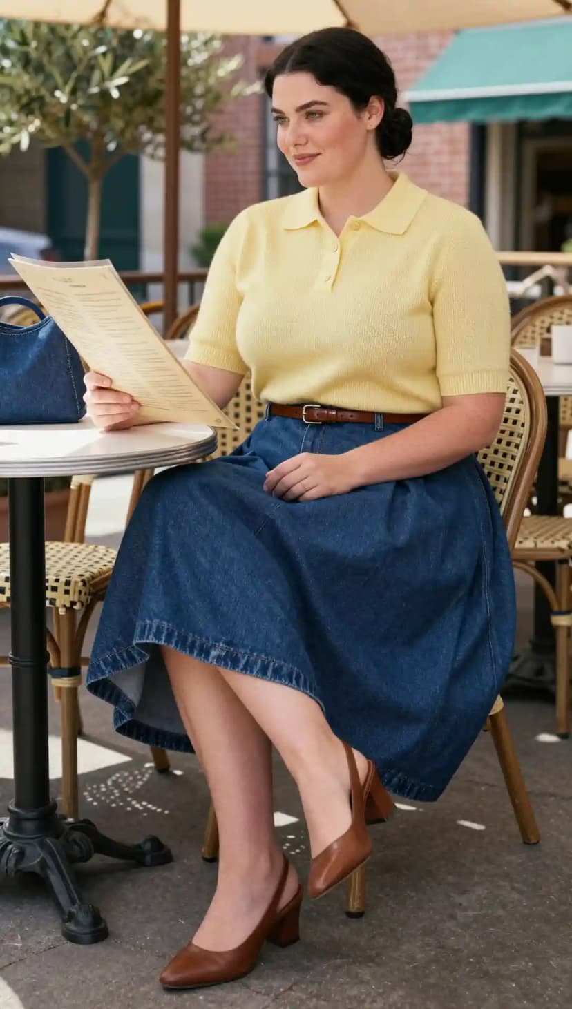 Yellow Knit Polo + Dark Wash Denim Midi Skirt + Brown Slingback Heels