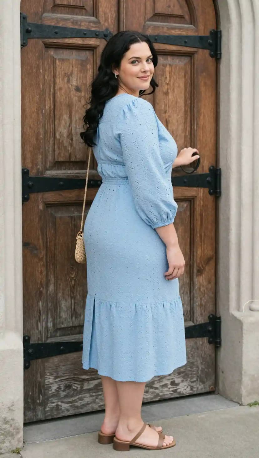 Powder Blue Eyelet Midi Dress + Woven Crossbody Bag + Tan Slide Sandals