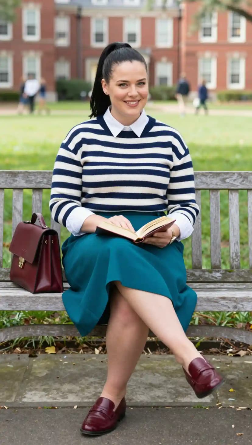 Navy and White Striped Sweater + White Button-Down Shirt + Teal Midi Skirt + Burgundy Loafers