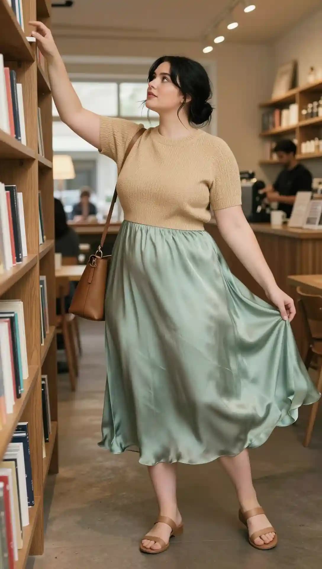 Tan Knit Sweater + Sage Green Satin Midi Skirt + Tan Slide Sandals + Brown Shoulder Bag