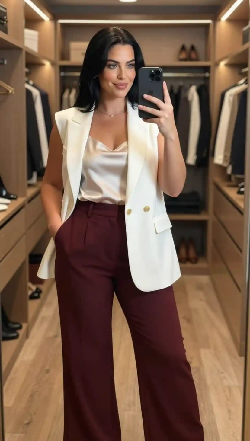 White Sleeveless Blazer + Champagne Satin Camisole + Burgundy Wide-Leg Trousers