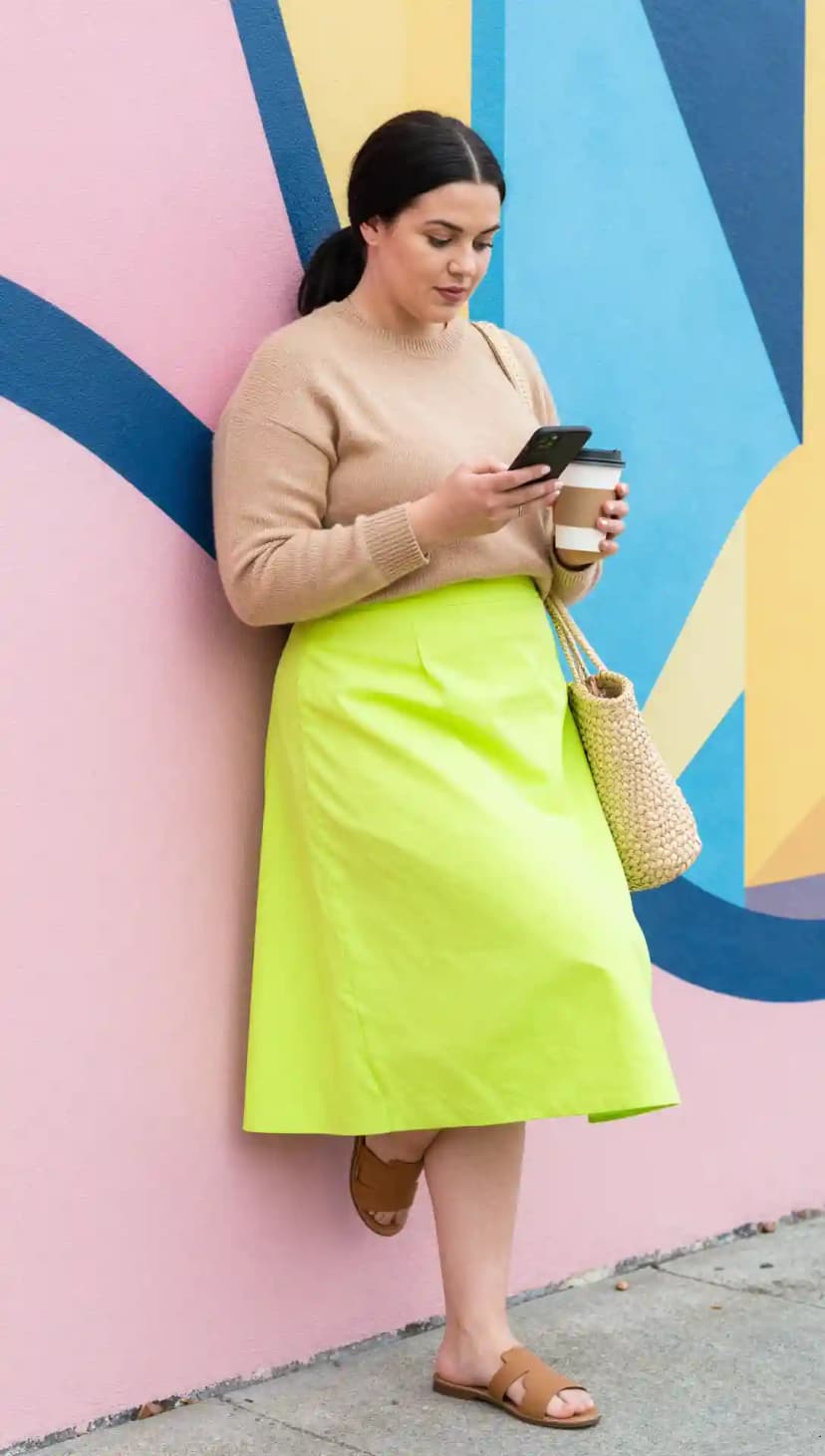 Camel Sweater + Neon Yellow Midi Skirt + Woven Tote Bag + Brown Slides