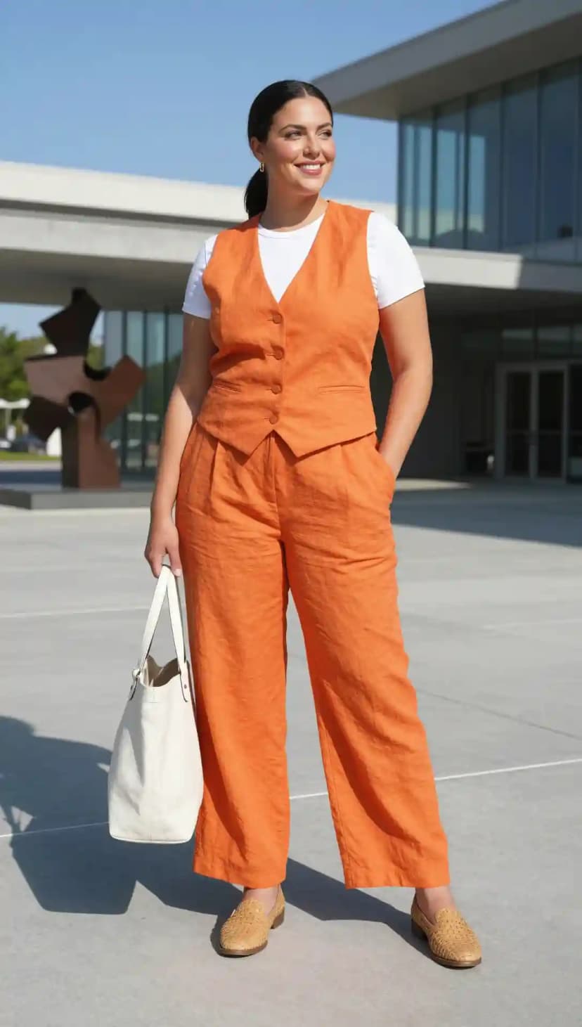 Orange Linen Vest + White T-shirt + Orange Linen Trousers