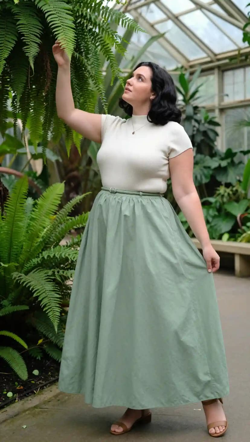 Cream Ribbed Top + Sage Green Midi Skirt + Tan Block Heels