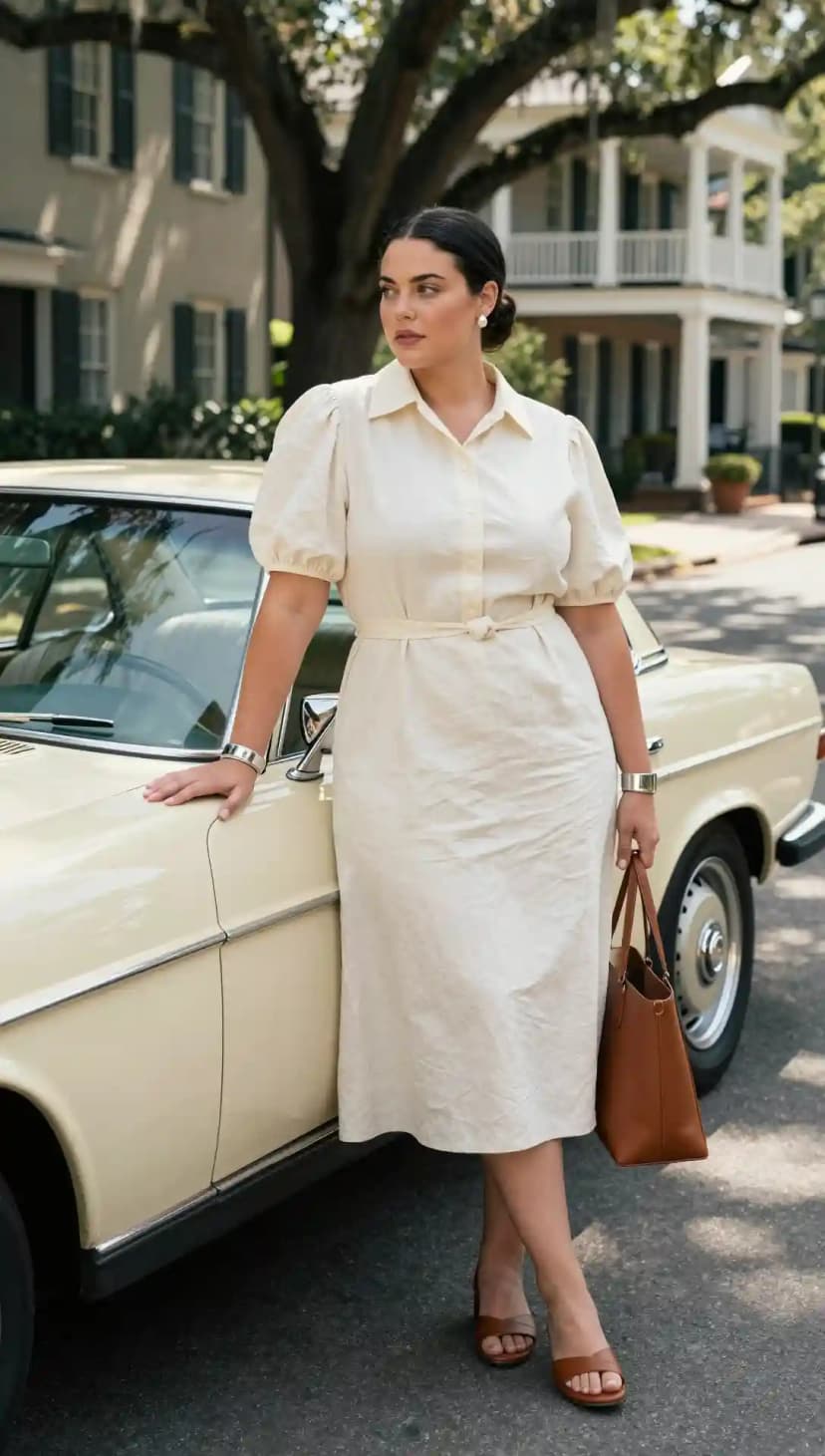 Cream Linen Shirt Dress + Tan Leather Tote + Silver Cuff Bracelet