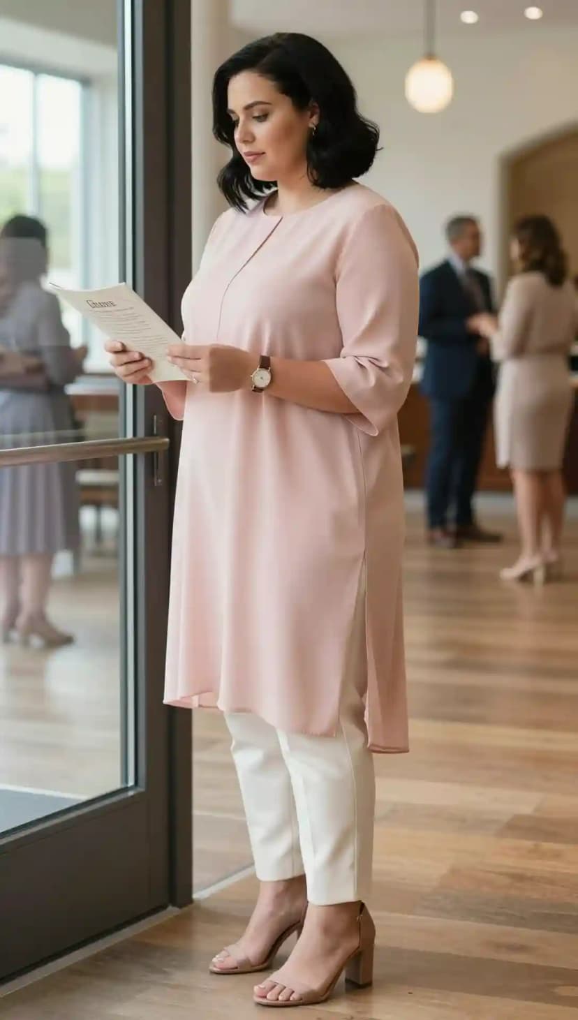 Pale Pink Tunic + White Cropped Trousers + Nude Block Heels