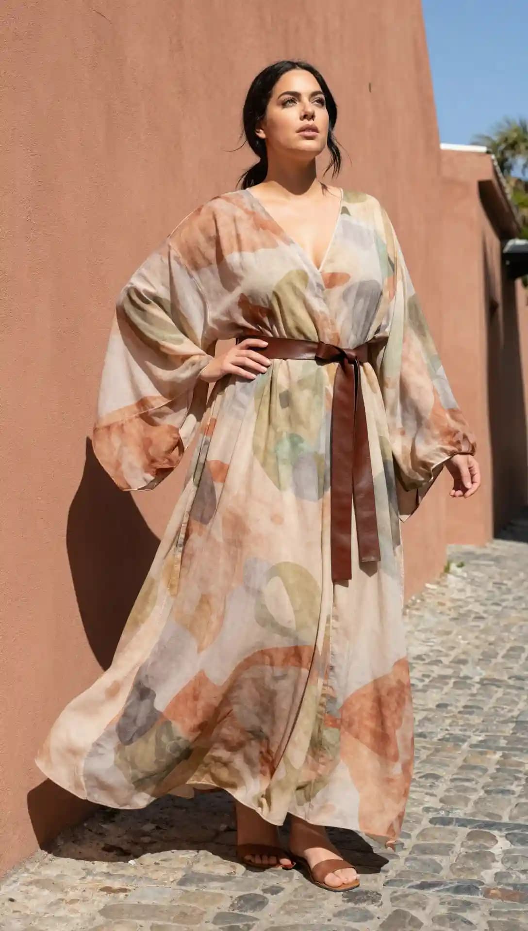 Printed Maxi Dress + Brown Belt + Brown Sandals