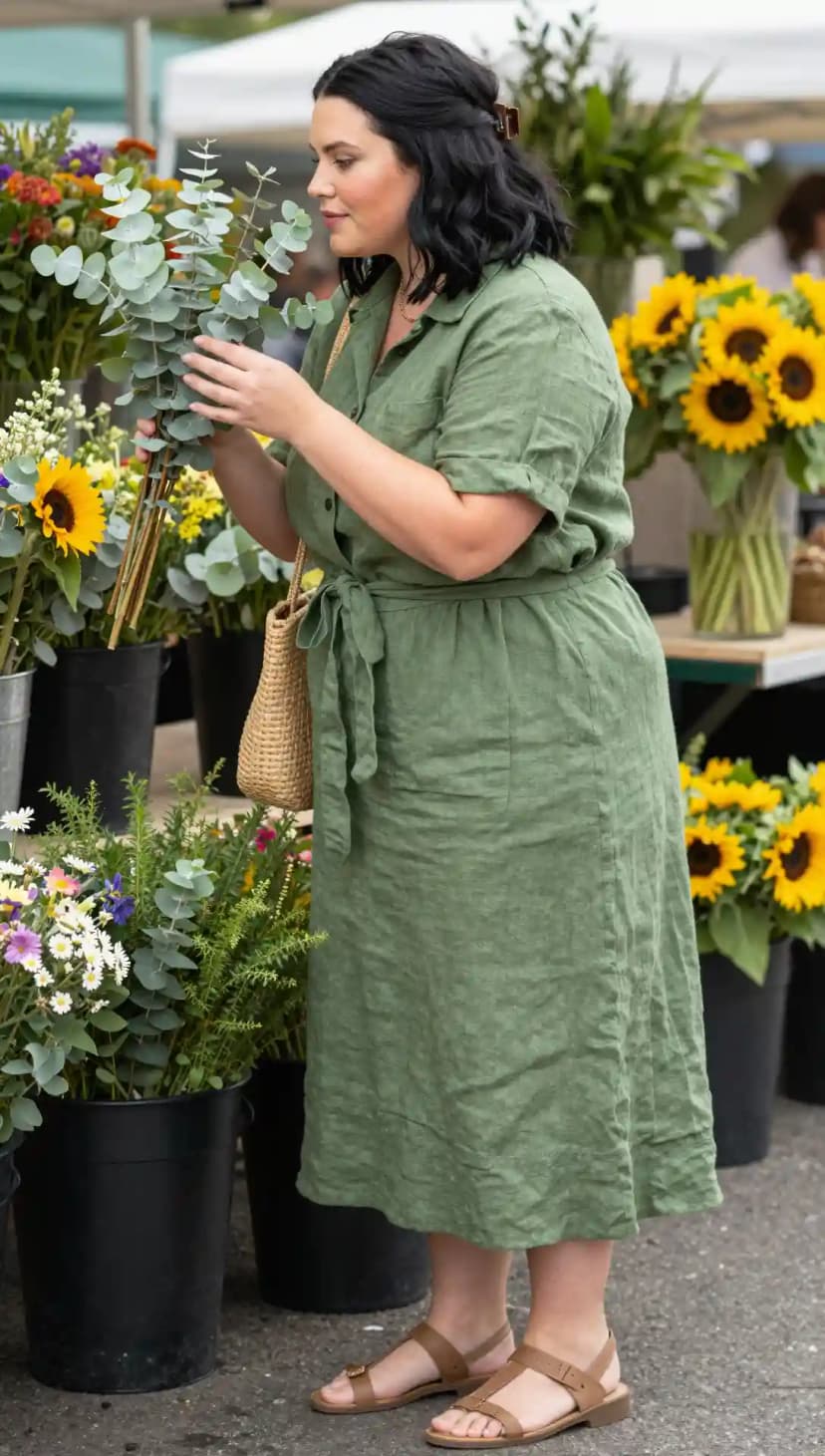 Olive Green Linen Shirt Dress + Tan Flat Sandals + Straw Tote Bag