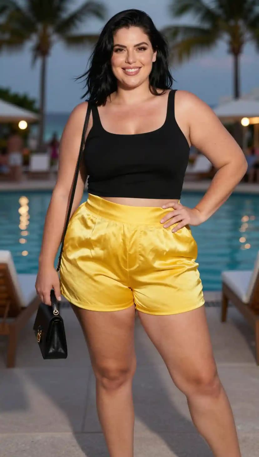 Black Ribbed Tank Top + Yellow Satin Shorts