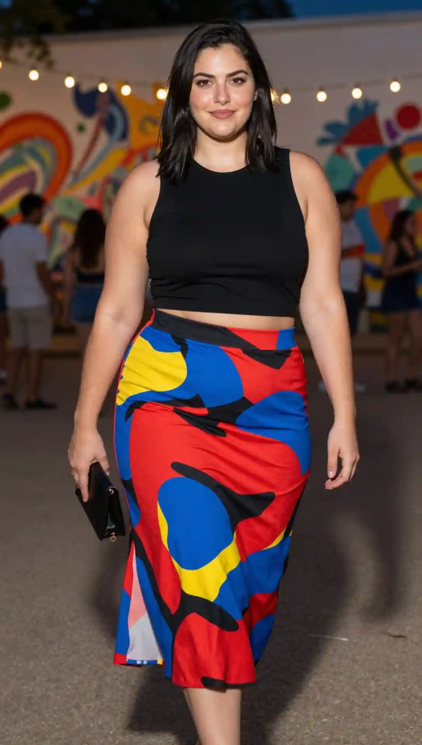 Black Ribbed Crop Top + Red Blue Yellow Abstract Print Midi Skirt
