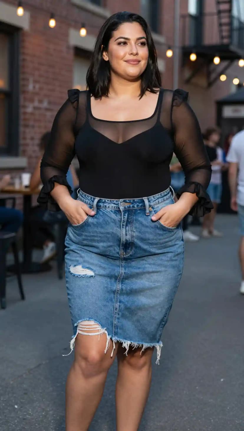 Black Mesh Top + Blue Denim Midi Skirt