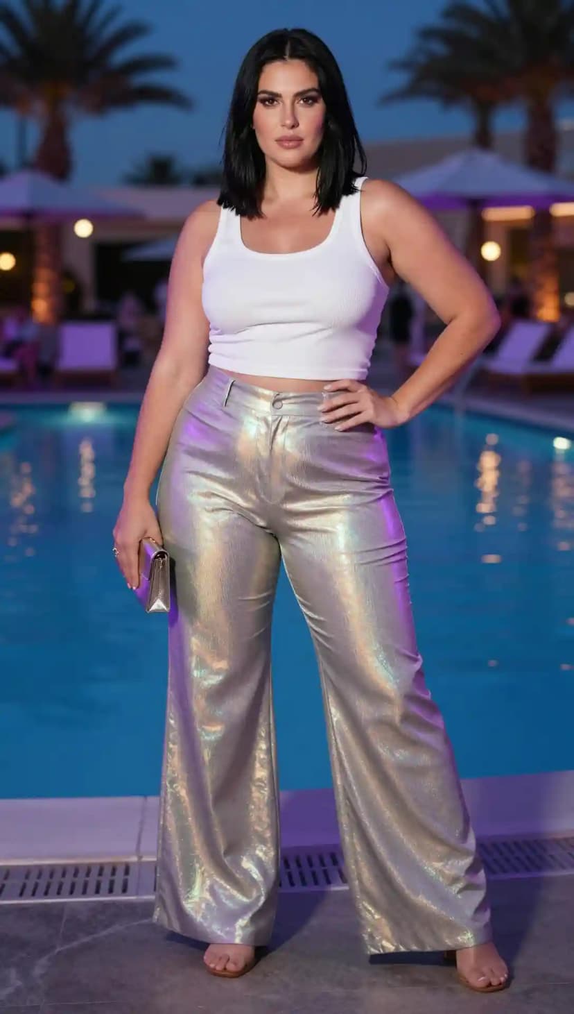 White Ribbed Knit Crop Top + Silver Metallic Wide-Leg Pants