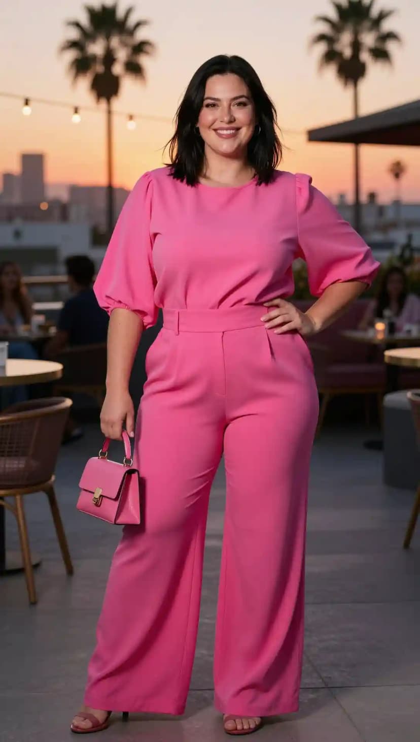 Hot Pink Crepe Puff Sleeve Top + Hot Pink Crepe Wide Leg Pants