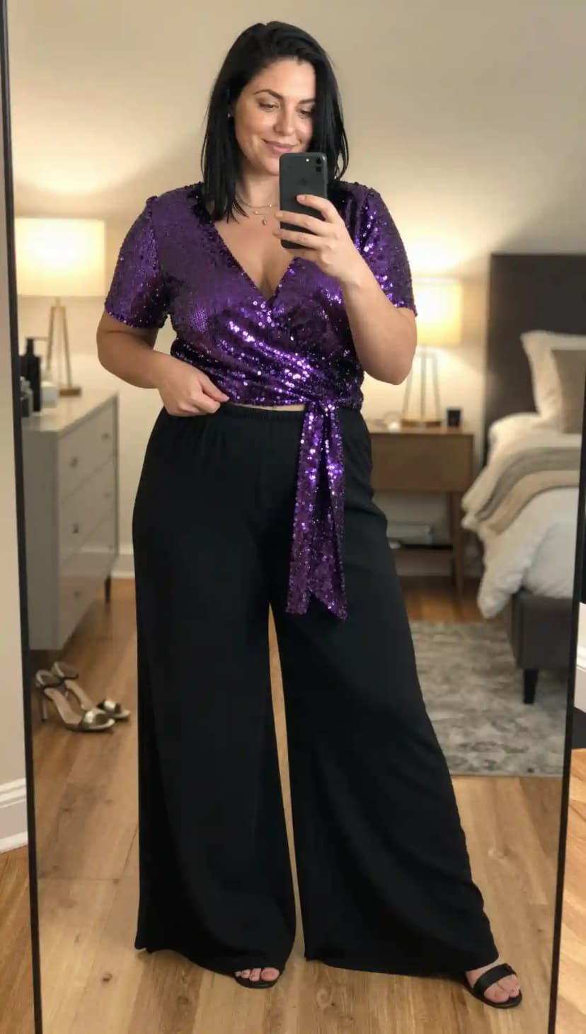 Purple Sequin Wrap Top + Black Wide-Leg Trousers