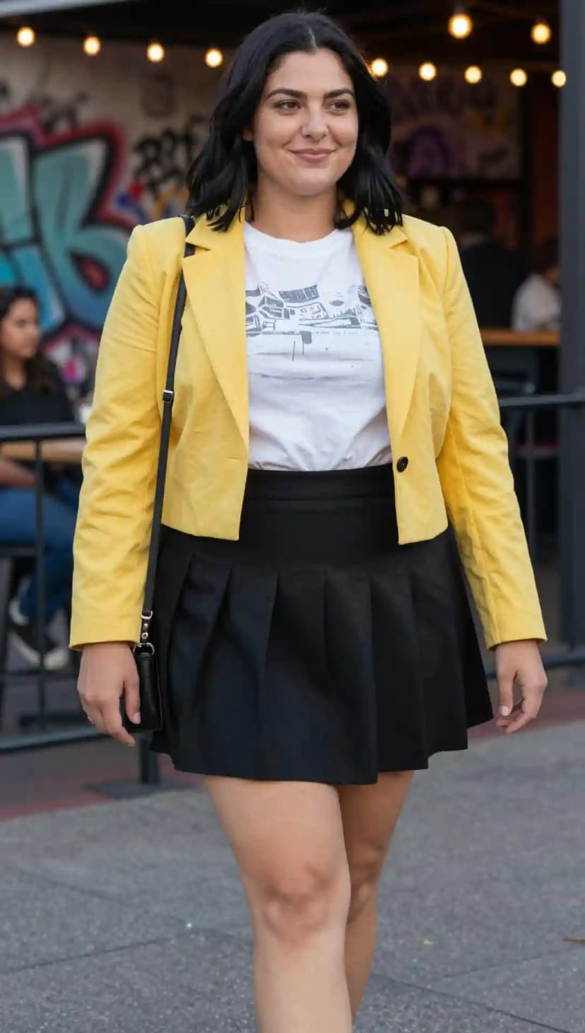 Yellow Linen Blazer + White Graphic Tee + Black Pleated Mini Skirt