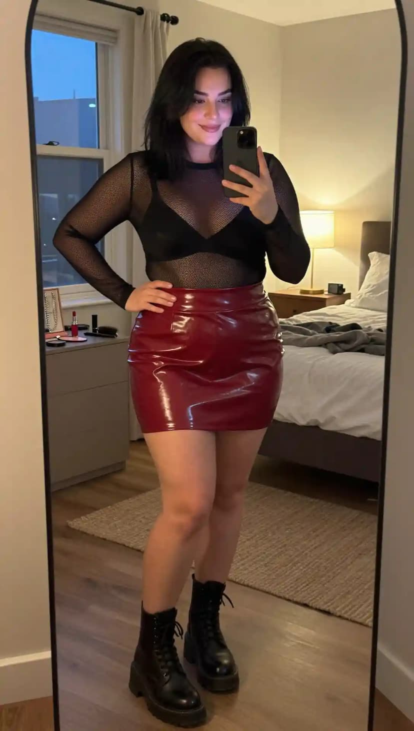 Black Mesh Top + Red Vinyl Mini Skirt + Black Combat Boots