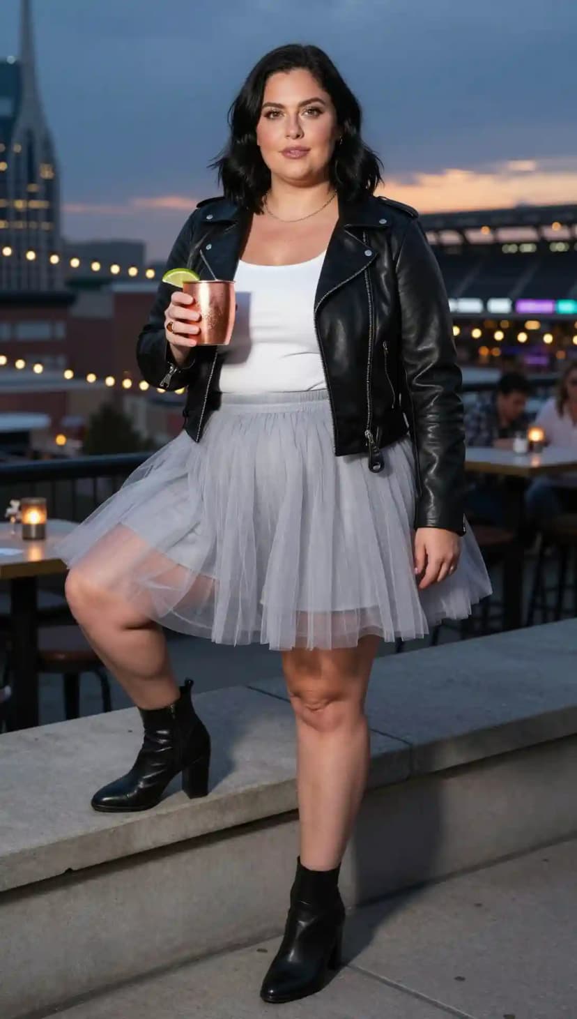 Black Faux Leather Moto Jacket + White Ribbed Tank Top + Grey Tulle Skirt + Black Heeled Booties