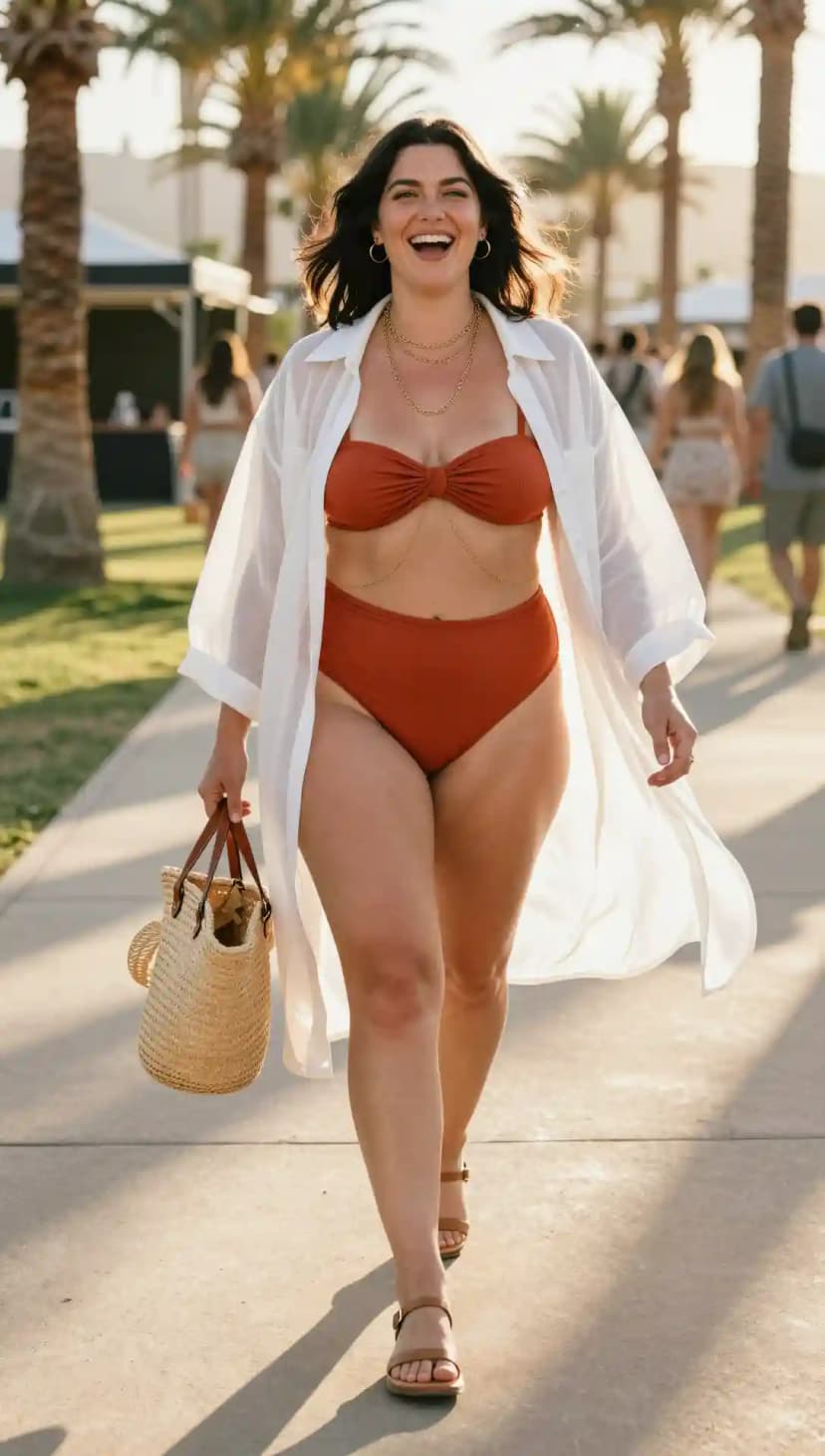 Rust Ribbed Bikini + Sheer White Button-Up Shirt + Straw Tote Bag