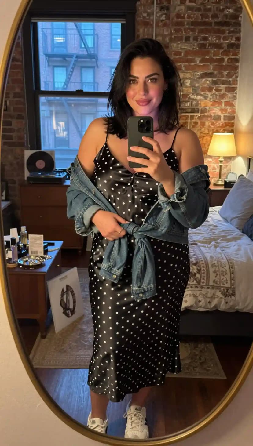 Black Polka Dot Slip Dress + Denim Jacket + White Sneakers