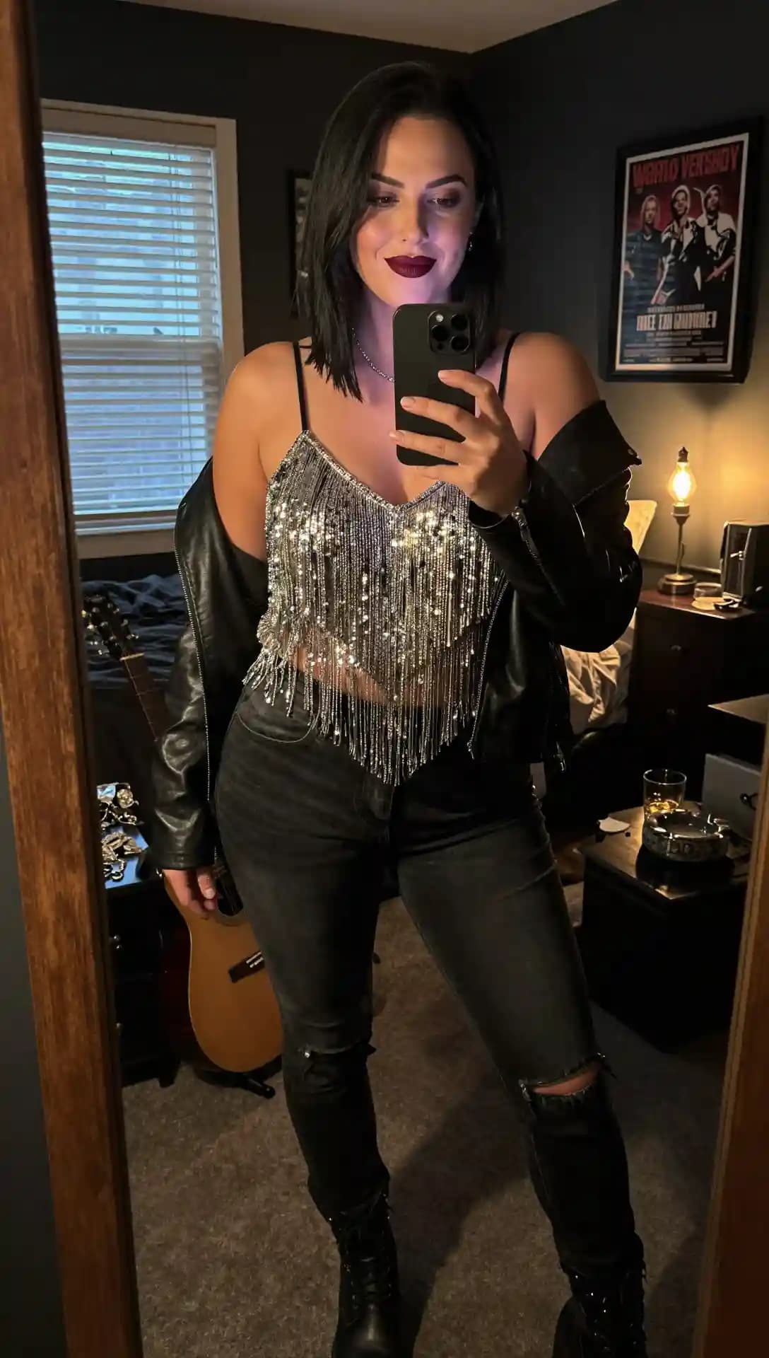 Silver Sequin Fringe Top + Black Leather Jacket + Ripped Black Jeans + Black Combat Boots