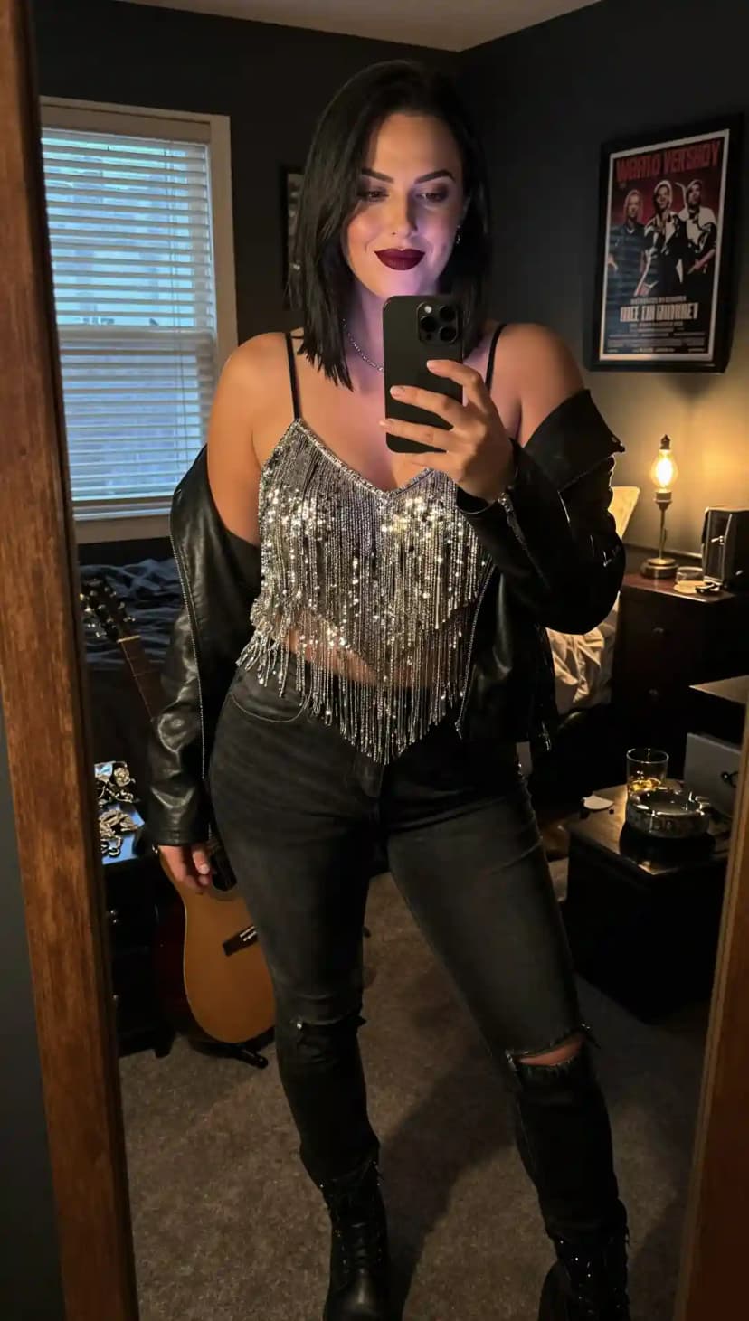 Silver Sequin Fringe Top + Black Leather Jacket + Ripped Black Jeans + Black Combat Boots