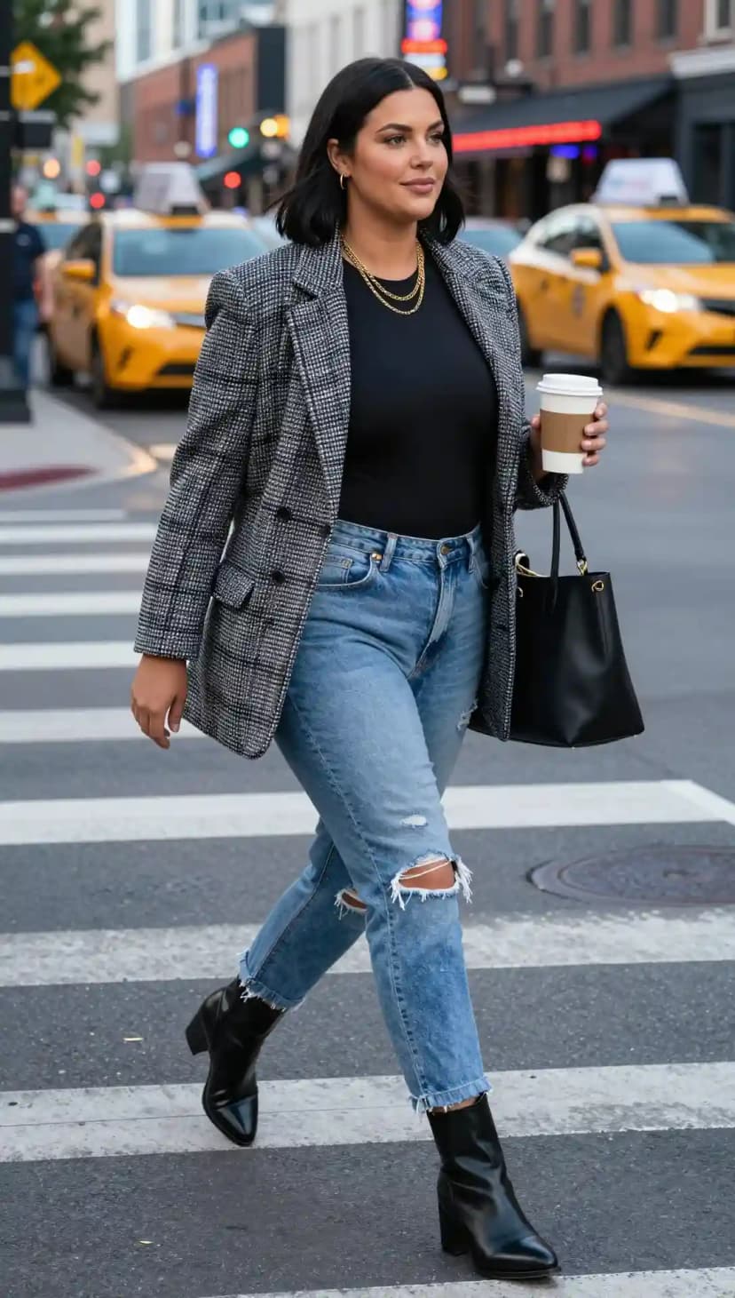 Grey Plaid Blazer + Black Knit Top + Ripped Light Wash Jeans + Black Ankle Boots