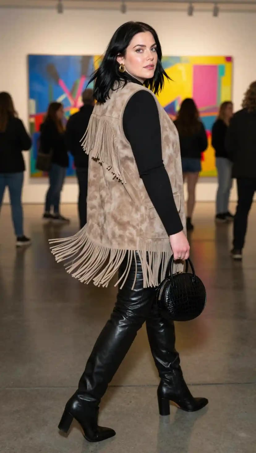 Suede Fringe Vest + Black Turtleneck + Leather Pants + Black Boots
