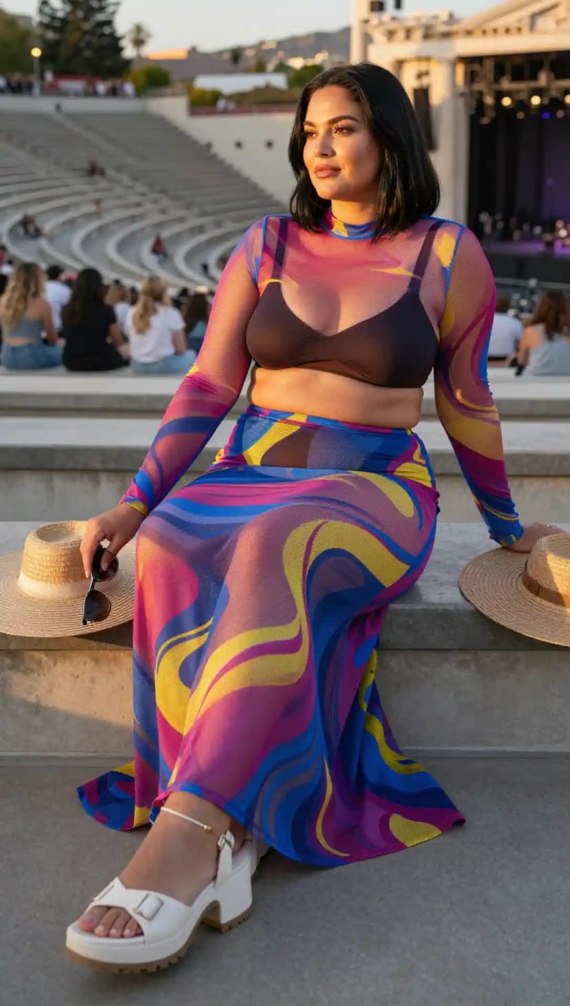 Mesh Print Maxi Skirt + Long Sleeve Mesh Top + Black Bralette