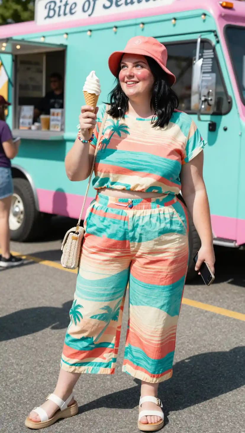 Palm Tree Print Crop Top + Wide-Leg Cropped Pants + Bucket Hat