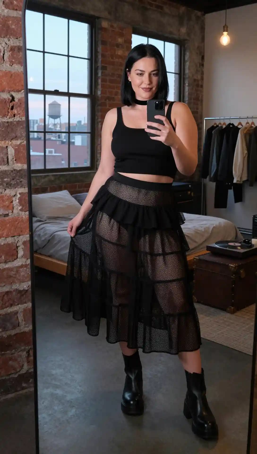 Black Ribbed Tank Top + Black Tiered Mesh Skirt + Black Platform Boots