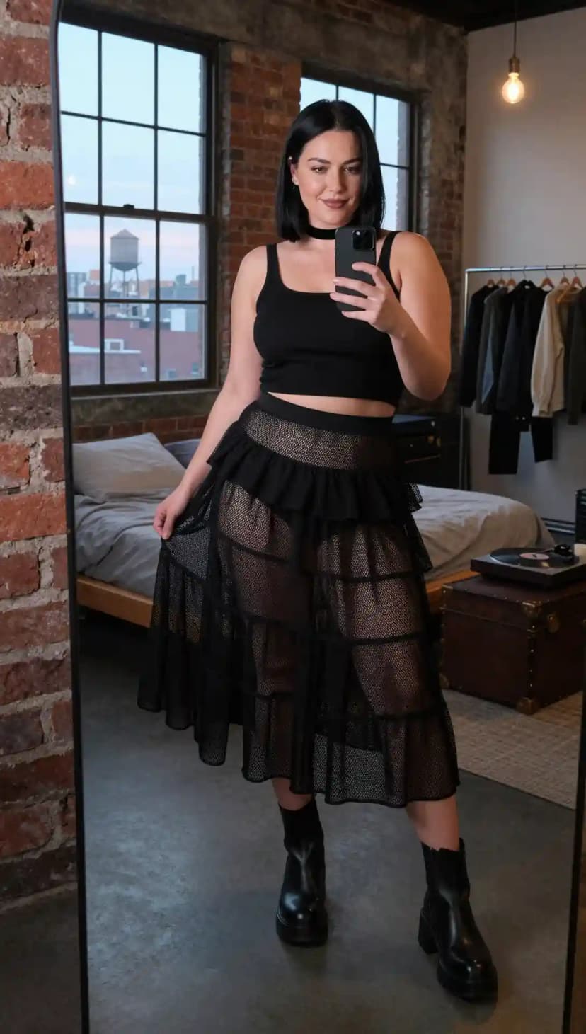 Black Ribbed Tank Top + Black Tiered Mesh Skirt + Black Platform Boots