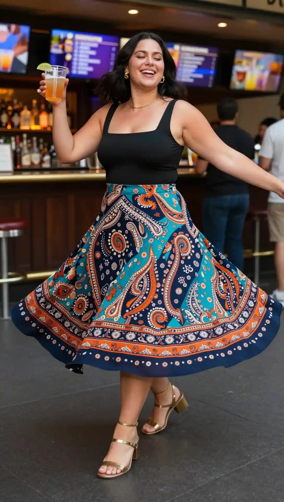 Black Square Neck Tank Top + Navy Paisley Print Midi Skirt + Gold Block Heels