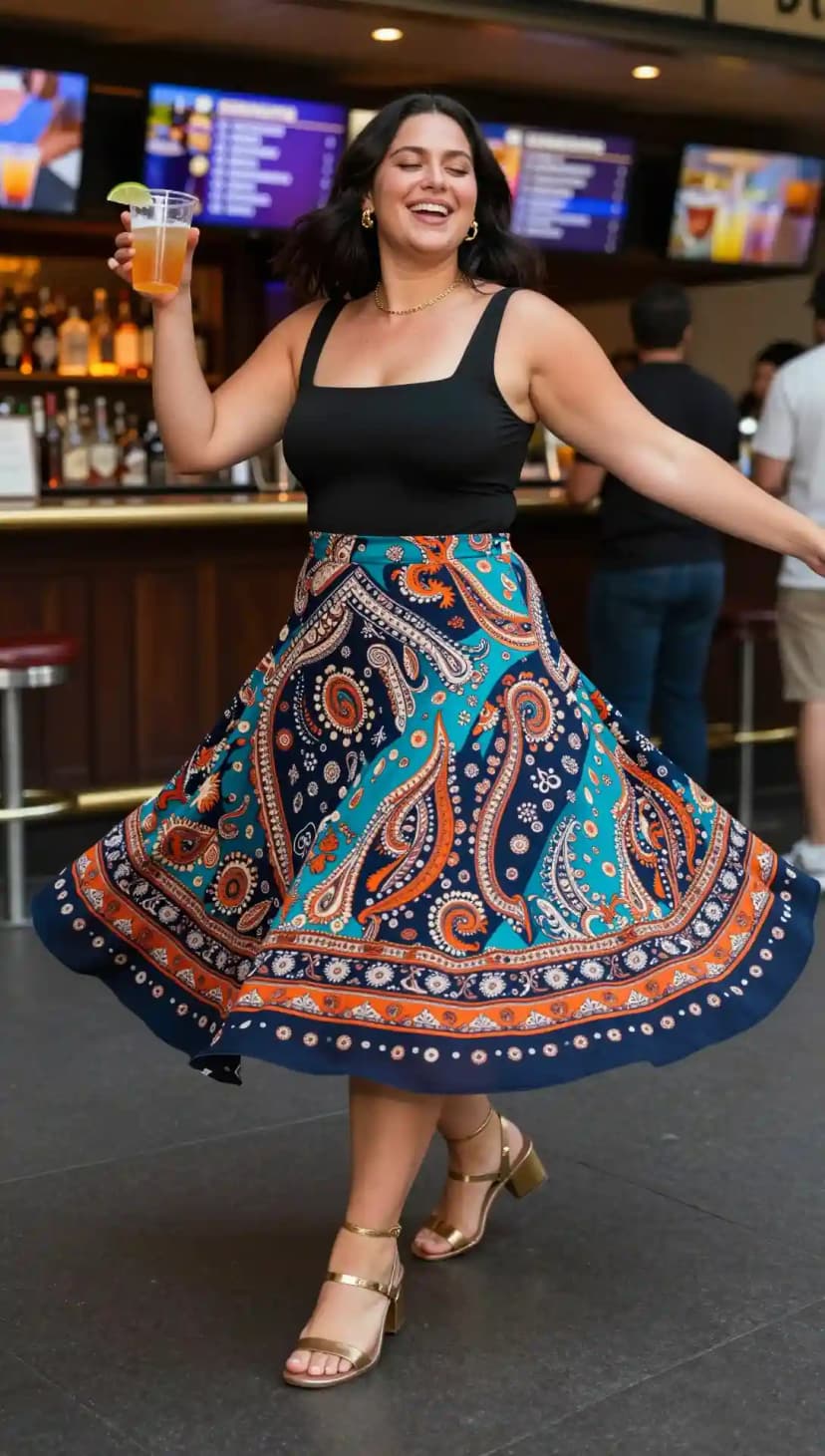 Black Square Neck Tank Top + Navy Paisley Print Midi Skirt + Gold Block Heels