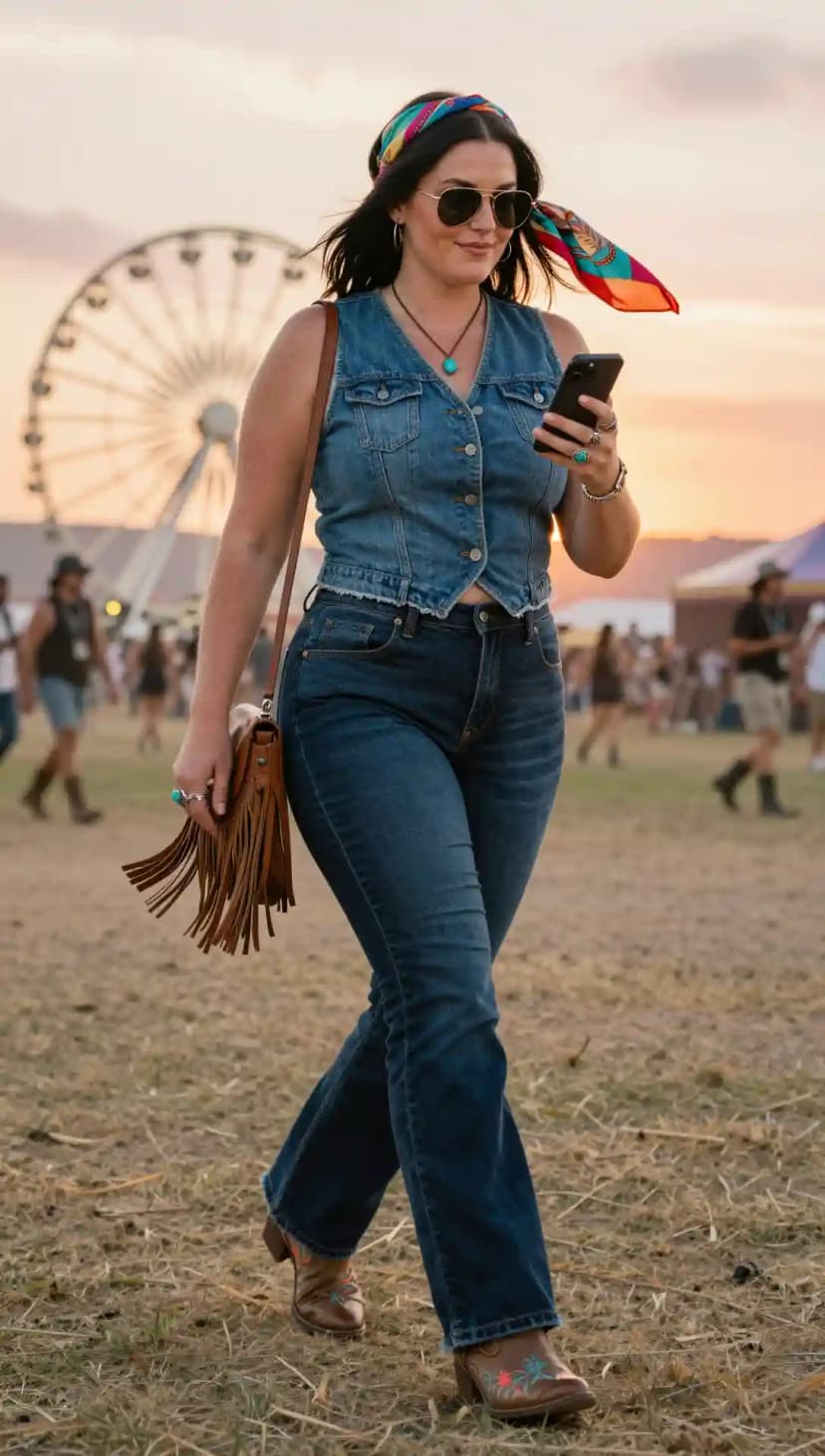 Denim Vest + Flared Jeans + Embroidered Boots