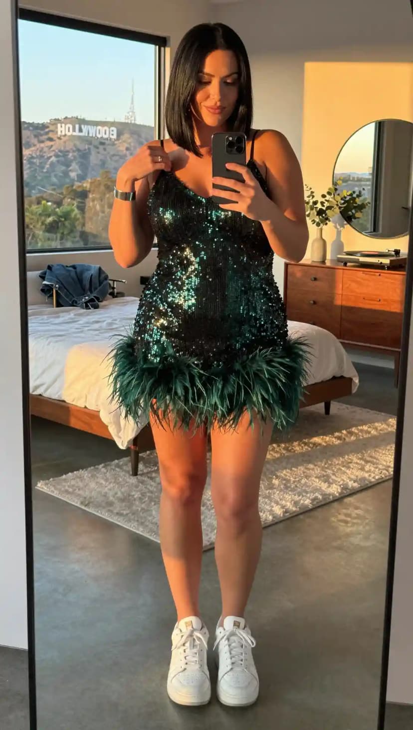 Sequin Feather Mini Dress + White Sneakers