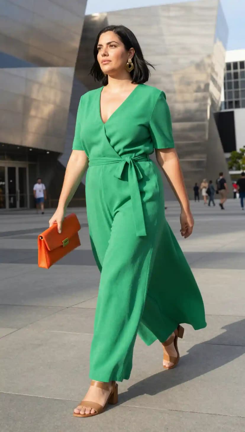 Green Wide-Leg Jumpsuit + Tan Block Heels + Orange Clutch