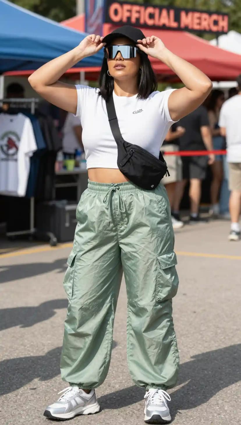 White Crop Top + Sage Green Cargo Pants + Black Baseball Cap