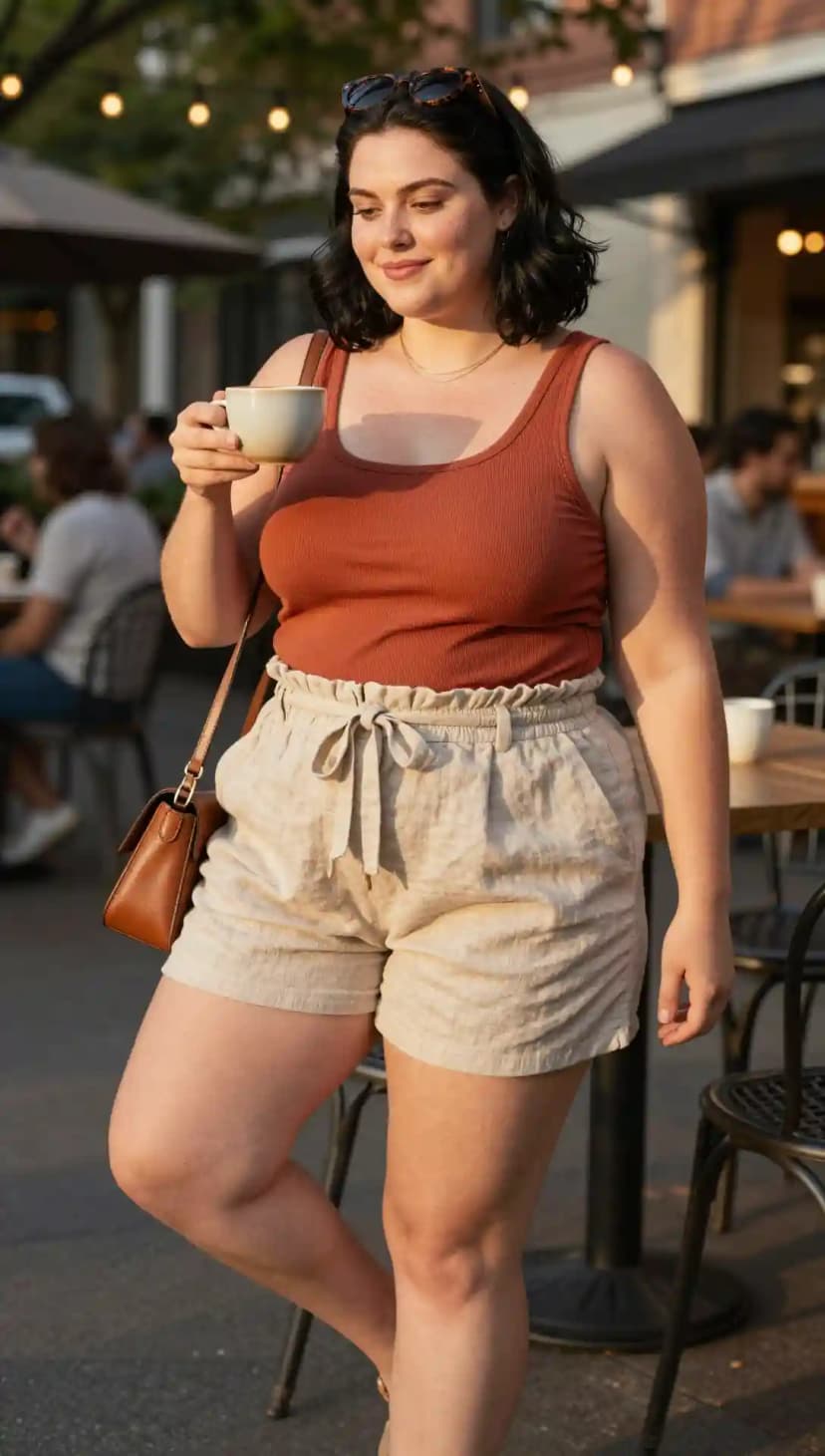 Rust Ribbed Tank Top + Cream Linen Paperbag Shorts