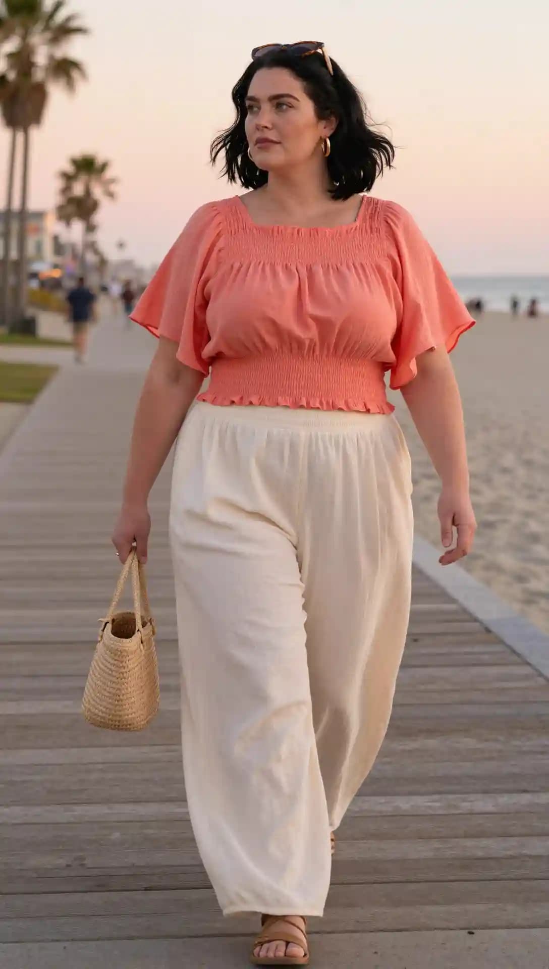 Coral Cotton Gauze Top + Cream Linen Wide-Leg Pants